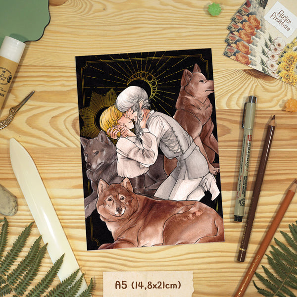 Illustration of a fantasy gay couple with wolves, on a wooden desk with many items for coziness.