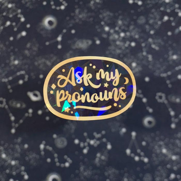 ask my pronoun vinyl sticker on a starry background created by atelier persephone