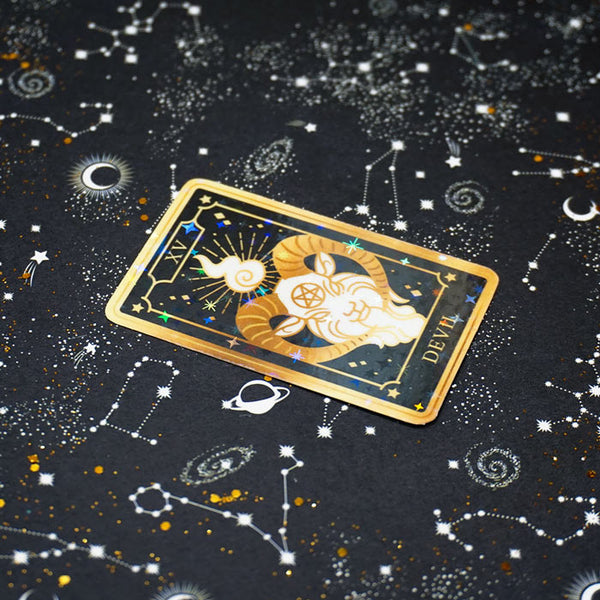 cool stickers representing the devil tarot card with a stars background