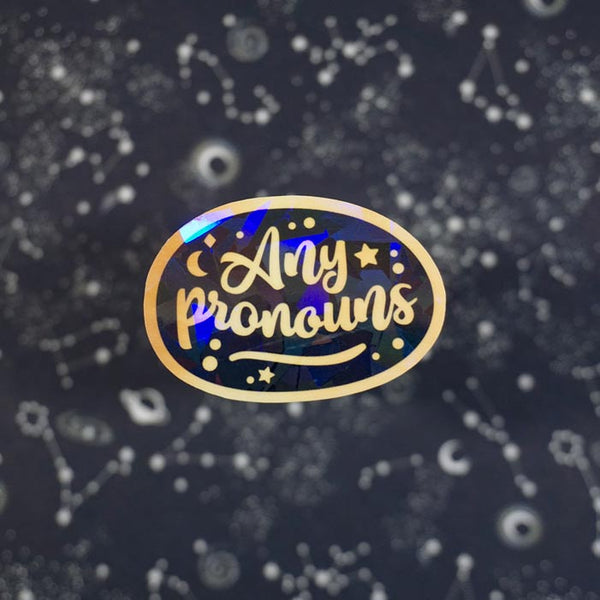 cute lgbtq stickers of any pronouns with a night sky background made by atelier persephone