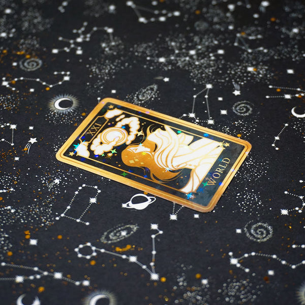 die cut stickers of the World tarot of marseille card with galaxy background