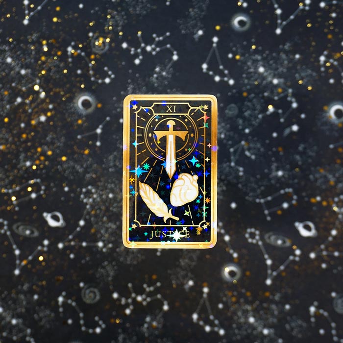justice tarot card as holo sticker 