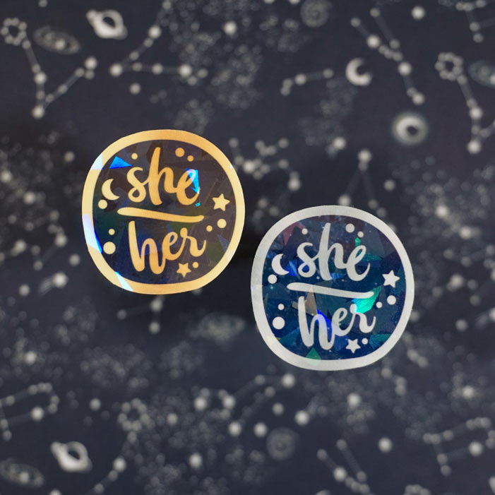 set of she her pronouns on a dark background with stars made by atelier persephone