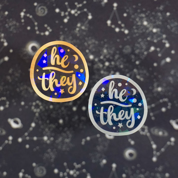 stickers of the pronouns he they taken on a starry background created by atelier persephone
