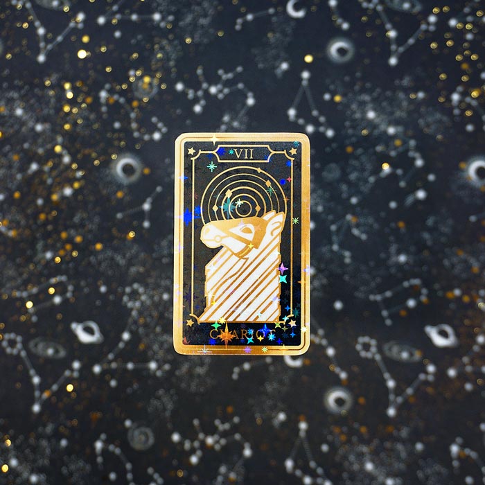 the chariot tarot card as holographic sticker 