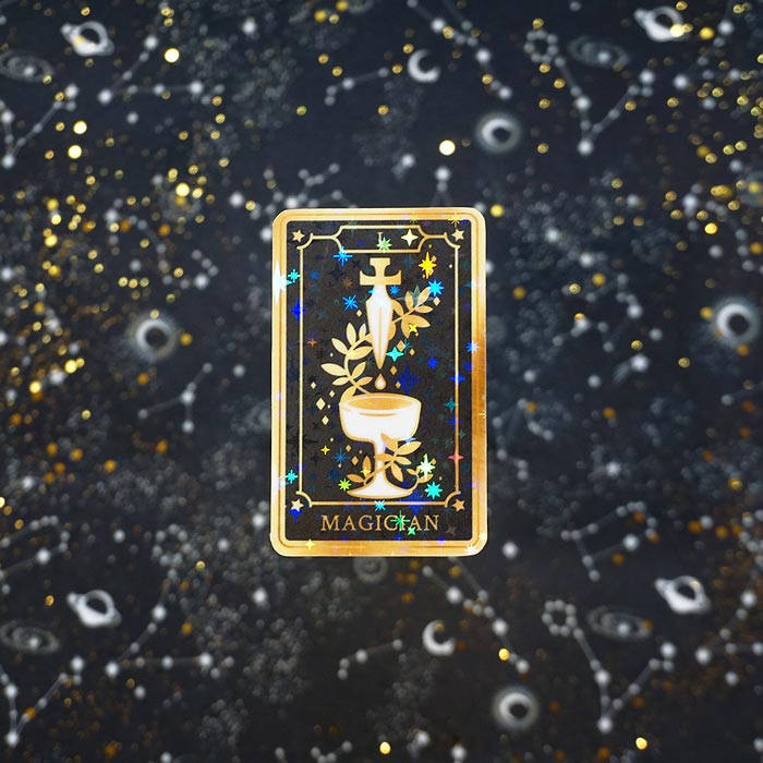 the magician tarot card as holographic sticker 
