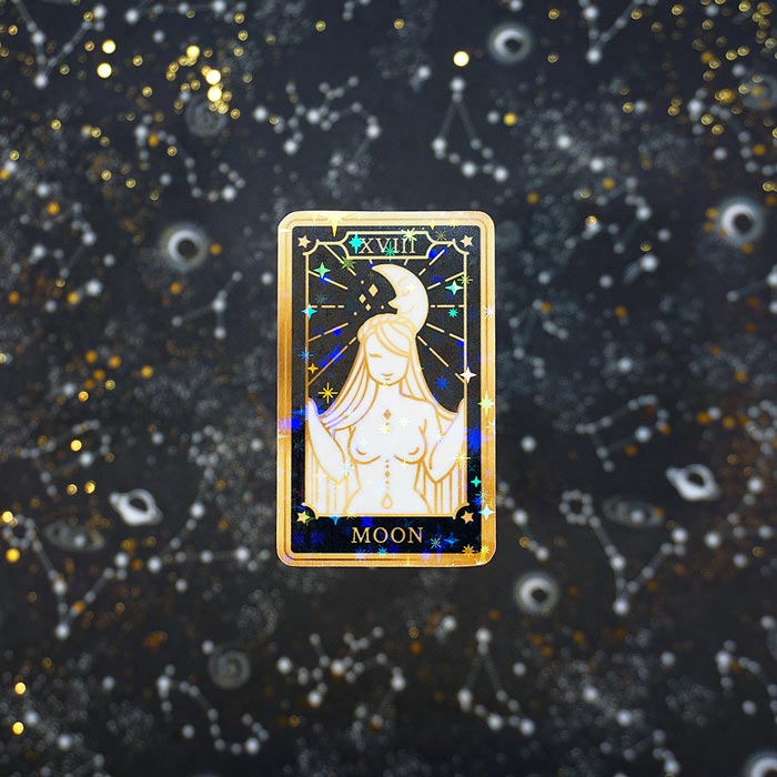 the moon tarot card as holographic sticker 