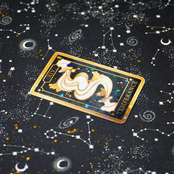 vinyl sticker of the temperance tarot card with galaxy background