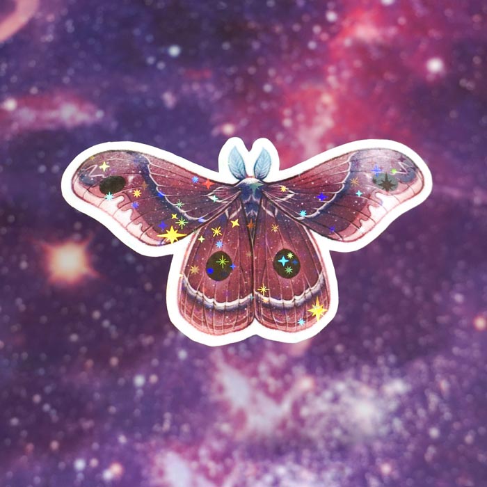 vinyl holo sticker of a purple moth representing the new moon on a starry background from atelier persephone
