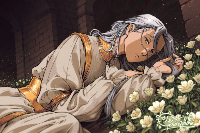 Prince with silver hair and golden outfit, laying down in a flower field, fantasy setting, digital art by Atelier Persephone