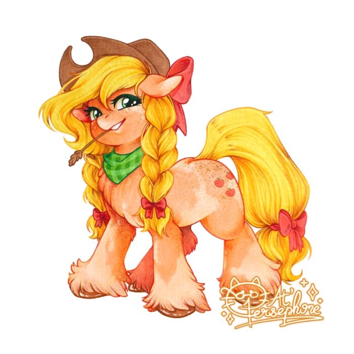 Applejack My Little Pony fan art – cowgirl pony with braids and red bows by Atelier Persephone
