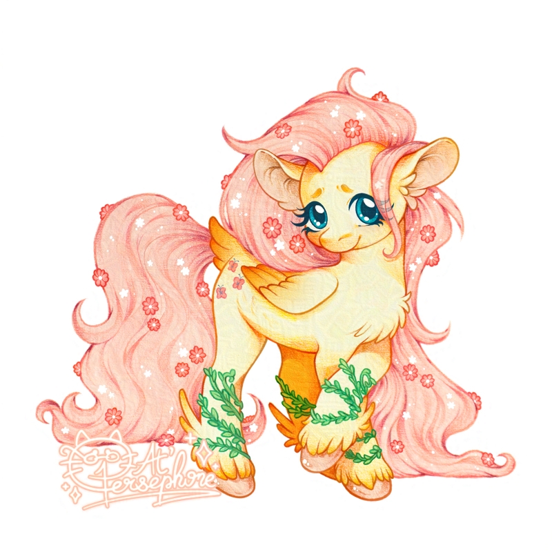 Fluttershy My Little Pony fan art – soft watercolor style with flowers and leaf anklets by Atelier Persephone